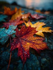 Autumnal Maple Leaves with Water Droplets on Stone Surface