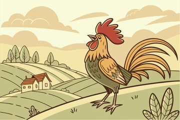 Lively Country Rooster Illustration
