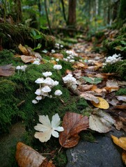 Autumnal Forest Floor with Mushrooms, Moss, and Fallen Leaves - A Natural Woodland Scene in the Fall.