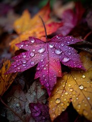 Autumnal Equinox: Colorful Maple Leaves with Rain Drops