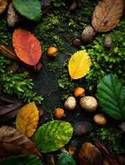 Autumnal Forest Floor: Vibrant Leaves, Moss, and Mushrooms in a Close-Up Detail.