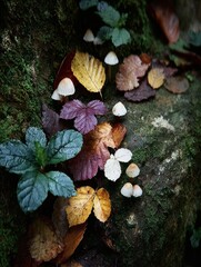 Autumnal Forest Floor: A Close-Up of Colorful Leaves, Mushrooms, and Moss Textures, Capturing the Essence of the Fall Season.