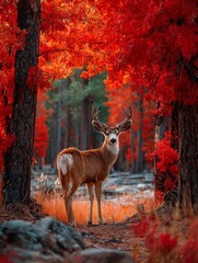 Deer in a vibrant autumnal forest, standing amidst red foliage, autumn season. Wildlife scene in colorful fall woodland.