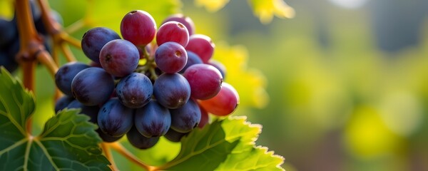 Close Up Of Dewy Grapes Cluster, Ripe And Glossy, Nestled Within Lush Green Leaves, Soft Blurred Vineyard Scene Behind, Natural Morning Light Creating Gentle Highlights, Macro Outdoor Photography