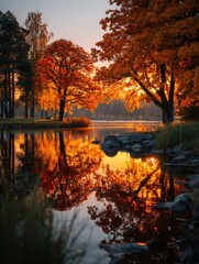 Autumnal Equinox: Golden Reflection on Calm Lake, Trees with Orange Leaves in Serene Landscape