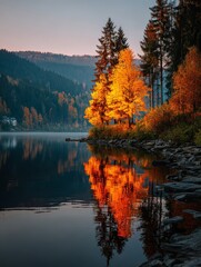 Autumnal Equinox: Golden Reflections on a Calm Lake at Sunset, Misty Forest