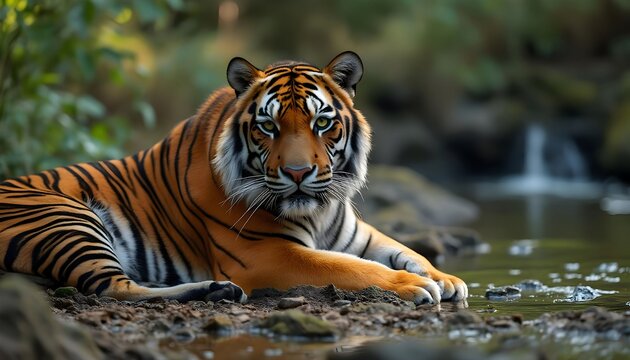 Portrait of bengal tiger resting near water wildlife animal nature view