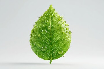 Green leaf with water droplets on light grey background, studio shot. Use for environment, freshness, nature or organic concept visual themes.