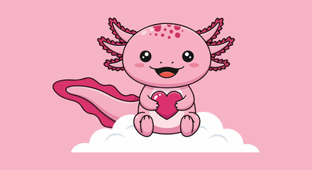 Flat vector illustration of a smiling pink axolotl sitting on a fluffy white cloud, holding a heart, with fan-like gills and a curved tail, set against a soft light pink background in a cute, bold sty