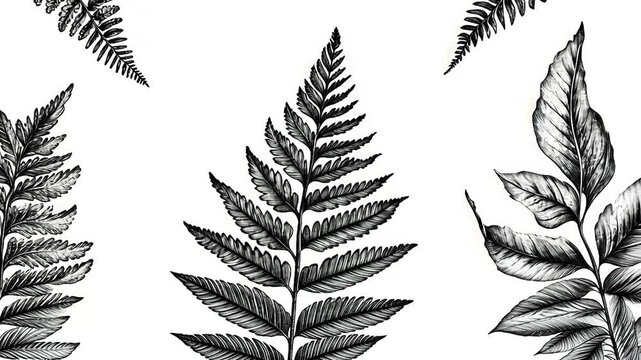 Black and white fern and leaf illustrations on a white background