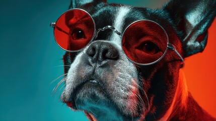 Pet influencer dog in red sunglasses, bold editorial portrait with pop culture styling and confident canine charm spotlighting modern social branding personality
