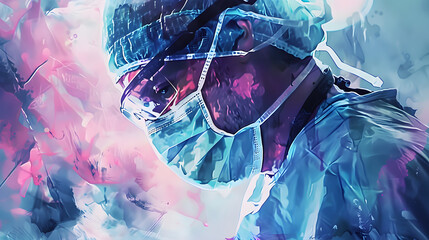watercolor style A focused surgeon in an operation