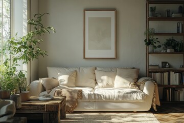 Fototapeta premium Cozy sofa placed against a wall with a poster frame and a shelving unit. Scandinavian home interior design for a modern living room in a farmhouse, Generative AI