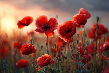 Naklejka premium Field of red poppies at sunset with warm light and soft focus. It evokes feelings of remembrance, peace, and natural beauty.