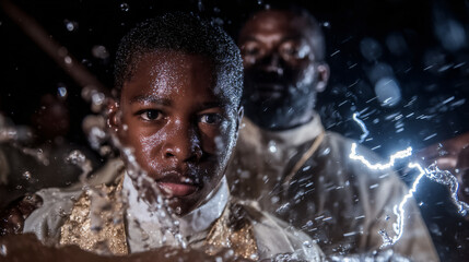 Men Performance Amid Lightning Water Scene Youthful Emotion Intensity Vibrant Cultural Identity Dramatic Night Background Dark Tension Energy Action Movement Ritual Resilience Strength Environment