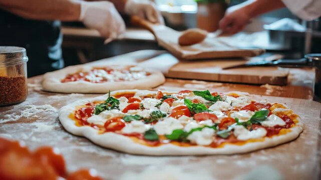 Creative pizza preparation in a bustling kitchen with fresh ingredients and dedicated chefs working together