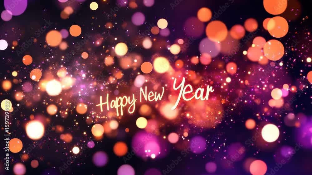 Wall mural happy new year greeting glowing text with colorful bokeh lights sparkling particles creating festive