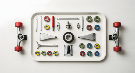 Disassembled skateboard parts, including wheels, bearings, trucks, hardware, and tools