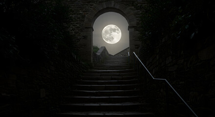 Mysterious stone staircase leading to a glowing full moon through an ancient archway