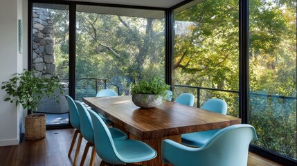 Fototapeta premium Indoor dining area with a wood table, blue chairs, and a forest view. Use this image for interior design articles or nature-themed promotions.