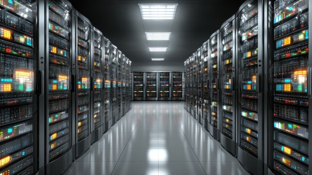Server room filled with rows of data storage hardware with lit displays. Illustrates concepts of data, cloud computing, networking, and technology. - Powered by Adobe
