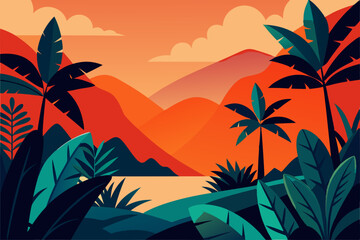 abstract tropical scene with oversized plants 