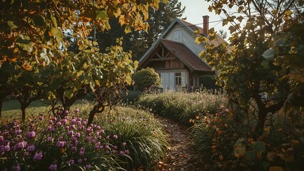 Cozy Garden with Grapevines and Autumn Flowers Near a Countryside Cottage