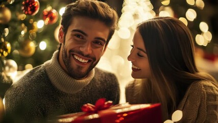 Happy couple exchanging gift near decorated Christmas tree with festive lights smiling happy enjoying joyful celebration festive holiday atmosphere full of love and warmth - Powered by Adobe