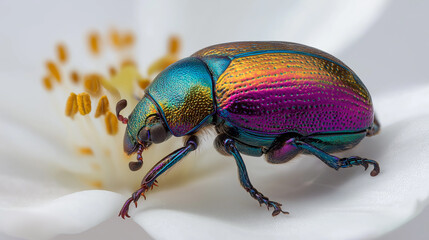 Naklejka premium Shiny Beetle on White Flower Macro Detailed View