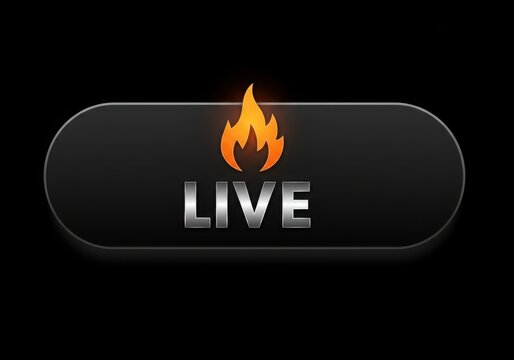 Sleek black button with fiery live icon and metallic text
