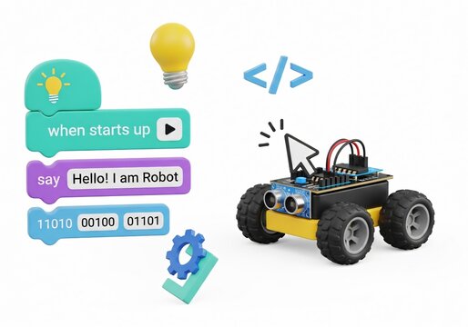 Block coding for kids teaching learning creative basics beginners remotely controlled automation robotic car vehicle programming education skill Technology STEM. 3d rendering.