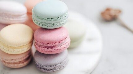 Fototapeta premium French macarons in soft colors on marble tray