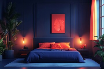Illustration of a modern dark bedroom with wall decorations, showcasing contemporary design and aesthetic technology in a personal living space, Generative AI