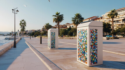 Coastal promenade lined with palm trees, colorful recycling bins, and modern buildings under a clear blue sky near the sea.