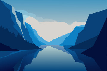 calm fjord scene with tall cliffs and still  