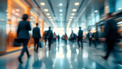 Blurred Business Professionals Walking in Modern Office A Dynamic Scene of Corporate Life and Team Collaboration, Highlighting Movement.