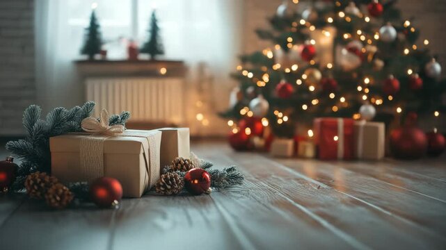 Christmas gift box with pine cones and red baubles on wooden floor near decorated tree with cozy holiday lights and warm glowing ambiance in festive room
