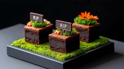 Fudgy brownies cut into coffin shapes, topped with chocolate cookie lids and fondant RIP plaques