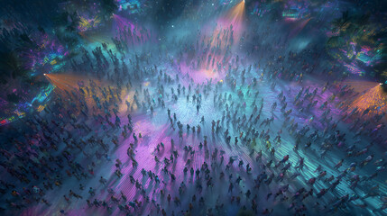 Vibrant digital artwork depicting an electrifying festival scene with central figures radiating intricate patterns of luminous rays, celestial-like auras through dynamic light emissions amidst