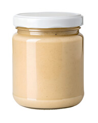 Peanut butter in jar with white lid, tasty and creamy spread close up shot