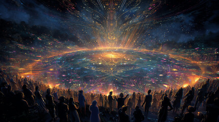 Vibrant digital artwork depicting an electrifying festival scene with central figures radiating intricate patterns of luminous rays, celestial-like auras through dynamic light emissions amidst