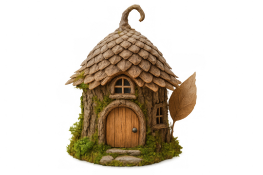 Small, charming gnome house, crafted from wood and natural materials, exudes rustic charm with transparent background, perfect for fantasy projects