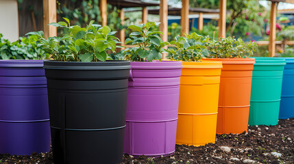 Colorful plastic pots arranged in a row, each containing green plants, set on soil with a garden backdrop.