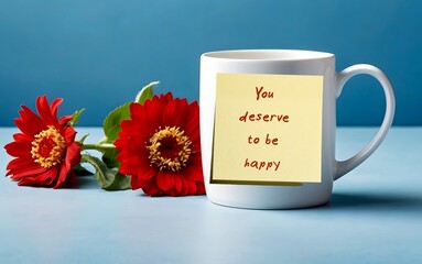 White mug and flowers with note written You deserve to be happy - everyone has the right to experience happiness and worthy of joy. Powerful reminder to cultivate positivity, embrace life fullfillment