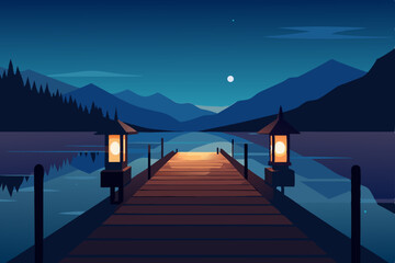 cozy lakeside dock with lanterns glowing at twilig.svg
