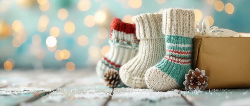 Cozy holiday socks bring warmth and joy to festive gatherings, set against a dreamy bokeh background. Perfect for capturing seasonal spirit and comfort.