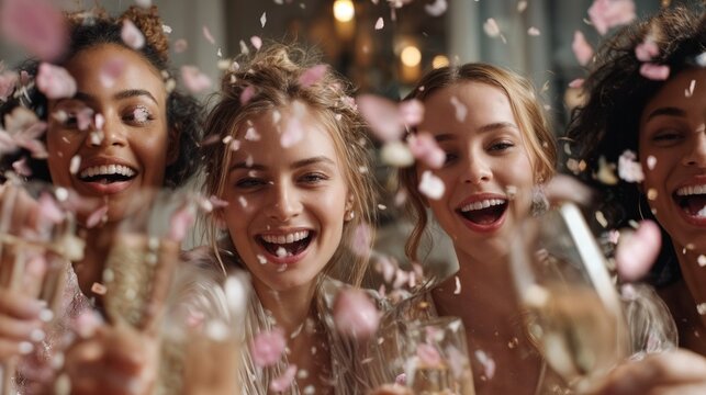 Joyful bachelorette party with friends celebrating over glasses of champagne surrounded by colorful flower petals. Ideal for capturing moments of friendship and bridal excitement. - Powered by Adobe