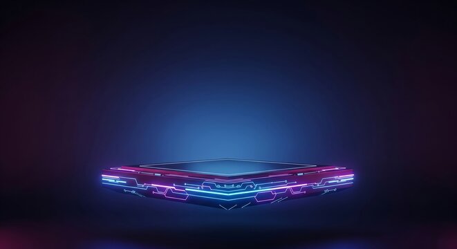 Futuristic illuminated platform display with neon lights against a dark blue background