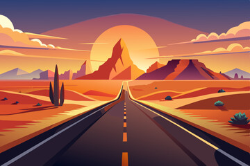 desert scene with a long road stretching to 