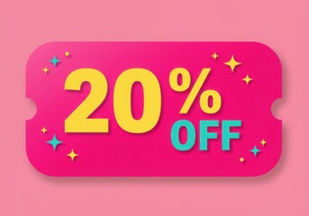 Bright pink ticket with yellow twenty percent off and teal off text